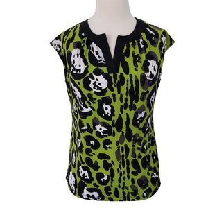 Worthington Shirt Top Womens Medium Stretch Sleeveless Animal Print Green Black